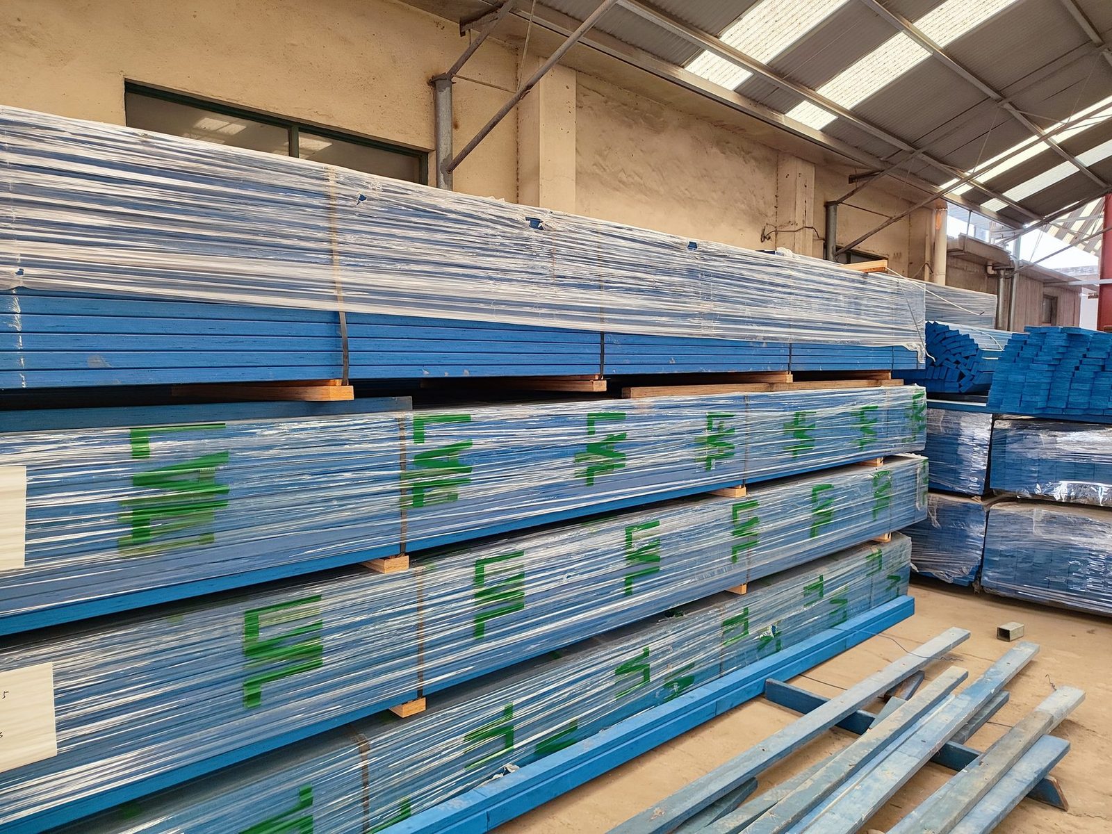 LVL stock — sections racked by size and batch